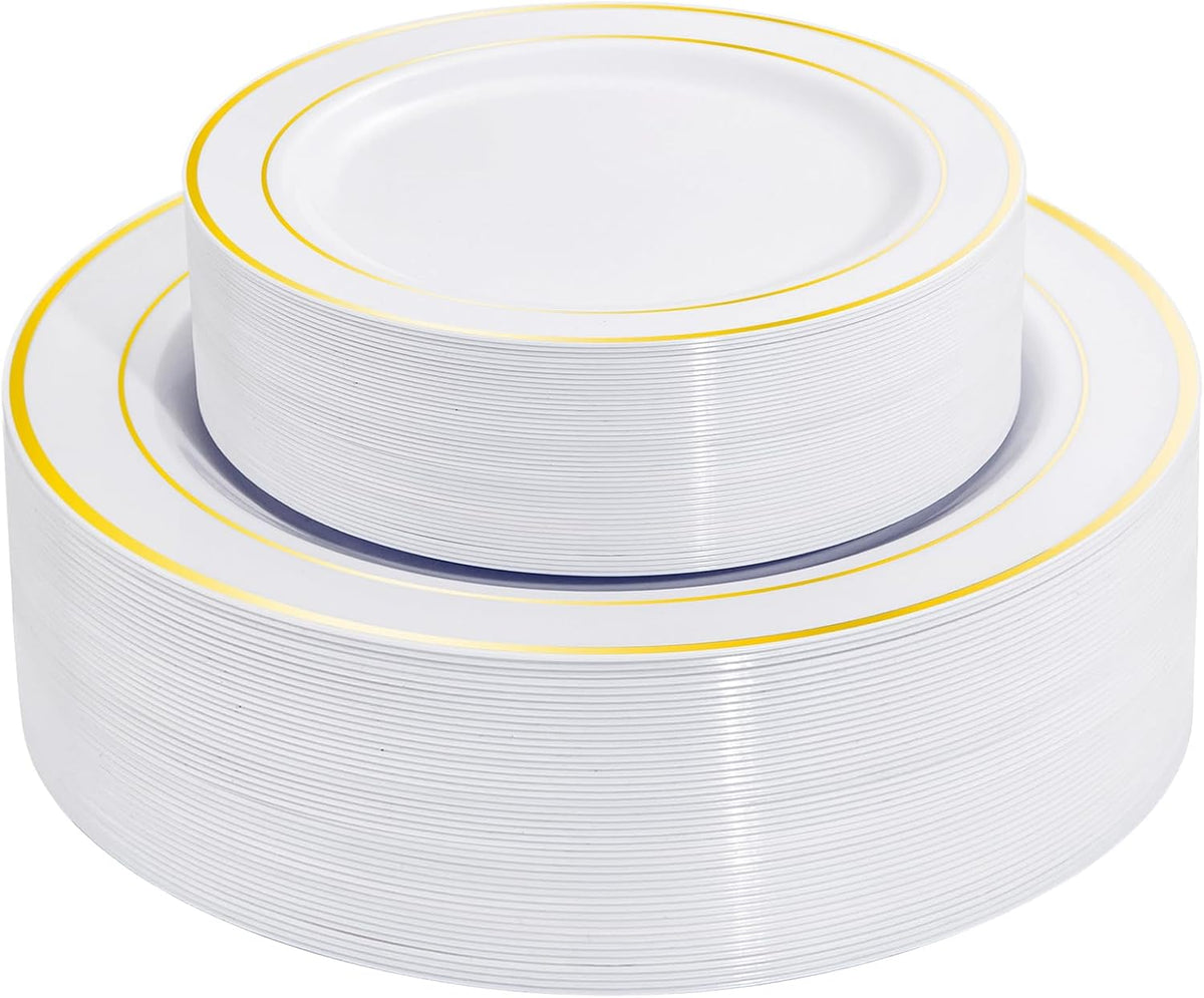 Gold Plastic Plates, MCIRCO 50 Pieces Disposable Party Plates for Weddings, Premium Gold Rim Plates, Include 25 10.25 Inch Dinner Plates and 25 - 7.5 Inch Dessert Appetizer Plates