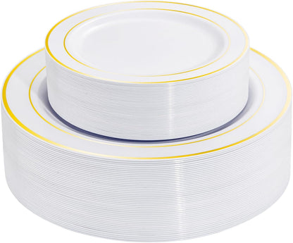 Gold Plastic Plates, MCIRCO 50 Pieces Disposable Party Plates for Weddings, Premium Gold Rim Plates, Include 25 10.25 Inch Dinner Plates and 25 - 7.5 Inch Dessert Appetizer Plates