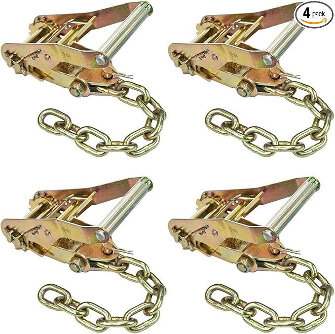 VULCAN Ratchet Buckle - 2 Inch Wide Handle with Chain Tail - 4 Pack - 3,300 Pound Safe Working Load