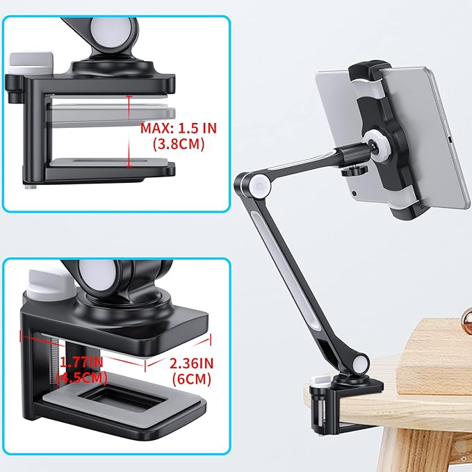 AboveTEK iPad Desk Mount, Multi-Angle Adjustable Tablet Stand Holder, 360 Swivel Arm Aluminum iPad Clamp Stand, Fits 4"-11" TabletPhoneiPad Mini for Home Office Kitchen Bedside (Black)