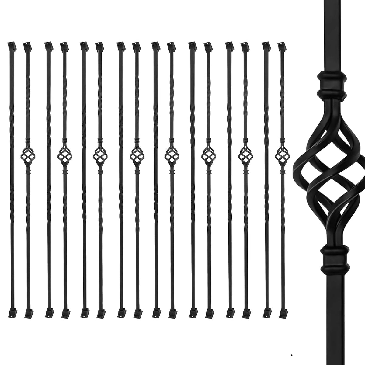 16 Pack Wrought Iron Stair Balusters – 44" Hollow Single Basket & Double Twist Design, 1/2" Square Black Metal Spindles with 32 Swivel Shoes for Indoor/Outdoor Staircase Remodel