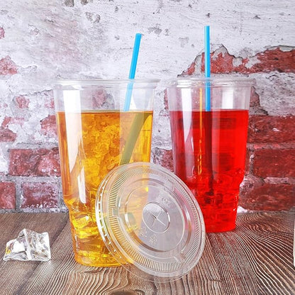 Disposable 32 oz clear Plastic Cups with Flat Lids with x hole,50 sets