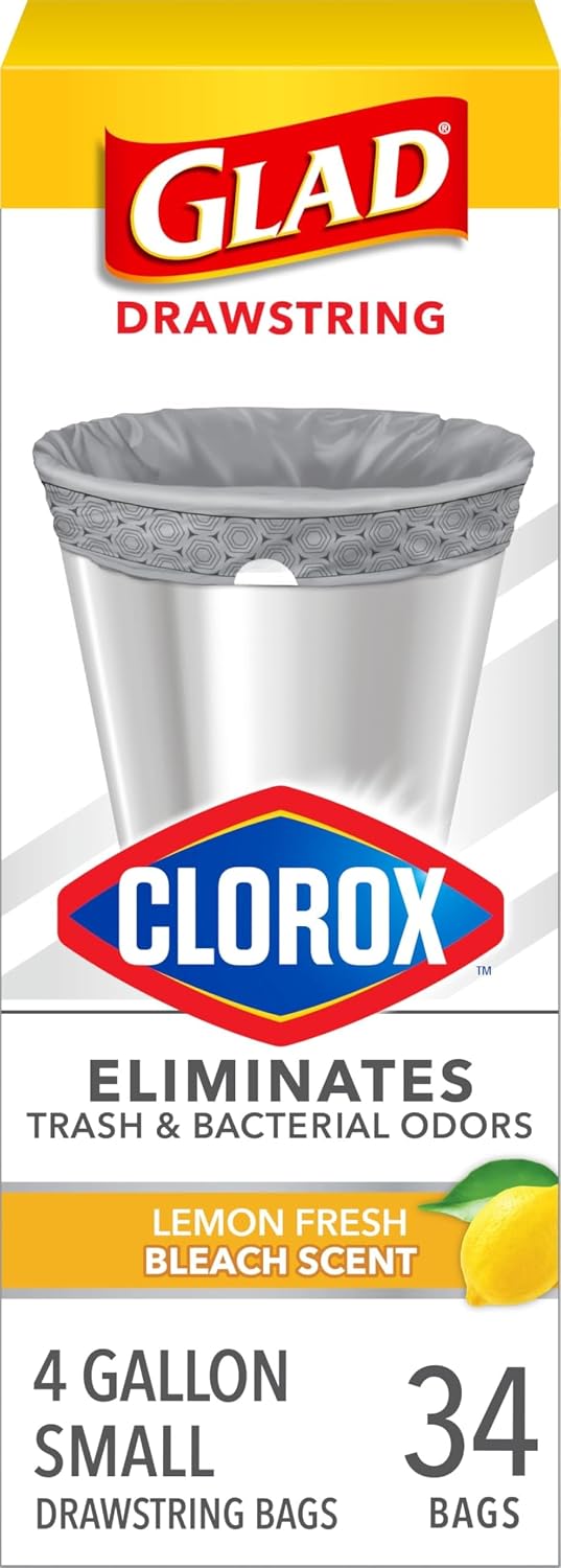 Glad Small Drawstring Trash Bags with Clorox, 4 Gal, Lemon Fresh Bleach, 34 Ct ( Box damaged )