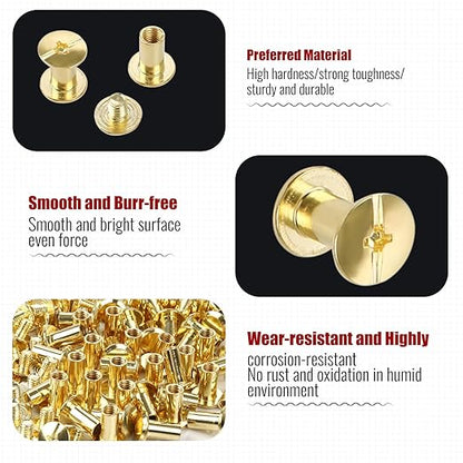 Chicago Binding Screws - 5mm x 10mm Binding Posts - 9.5mm Phillips Nut - Chicago Screw Binding Post Screw Kit for DIY Leather Decoration Scrapbook Photo Albums Bookbinding (Gold, 50 PCS)
