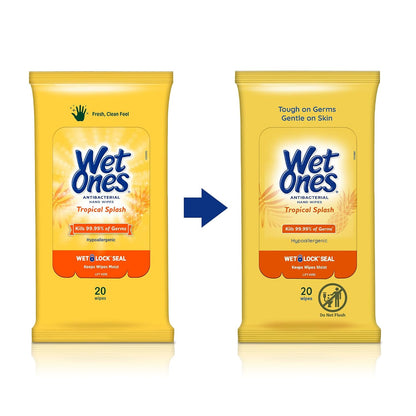 Wet Ones Antibacterial Hand Wipe, Travel Packs- Tropical Splash Scent, 20 Count (Pack of 9), 180 Wipes