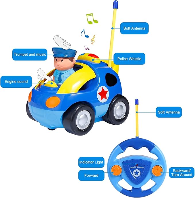 Liberty Imports My First Cartoon RC Remote Control Cars for Toddlers Ages 1-3, Radio Control Toy for Baby, Kids 18 Months (Police Car)