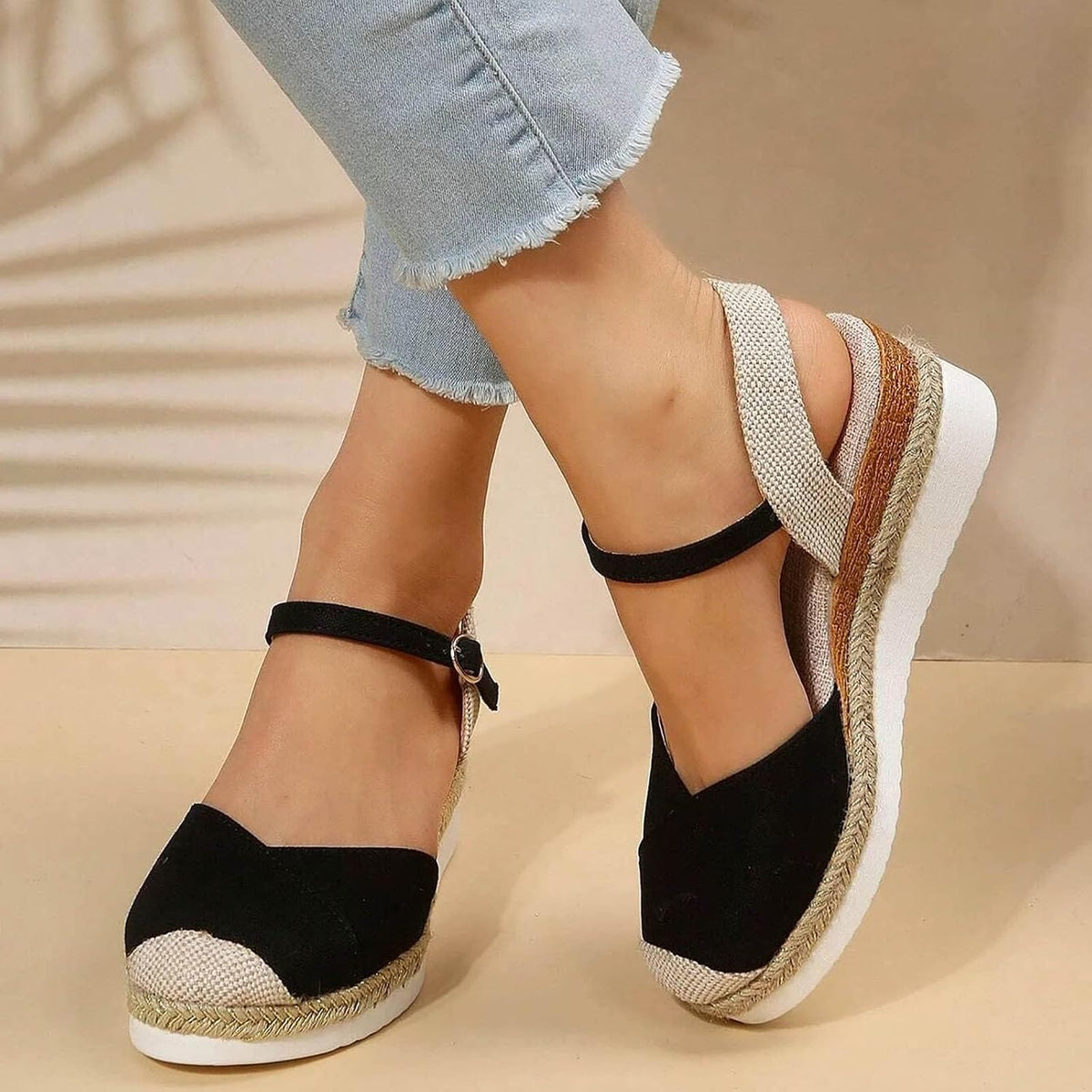 Closed Toe Platform Wedge Sandals Espadrilles Wedges for Women 2025 Dressy Flat Open Toe Comfortable Anti Slip Summer Shoes with Adjustable Buckle Ankle Strap