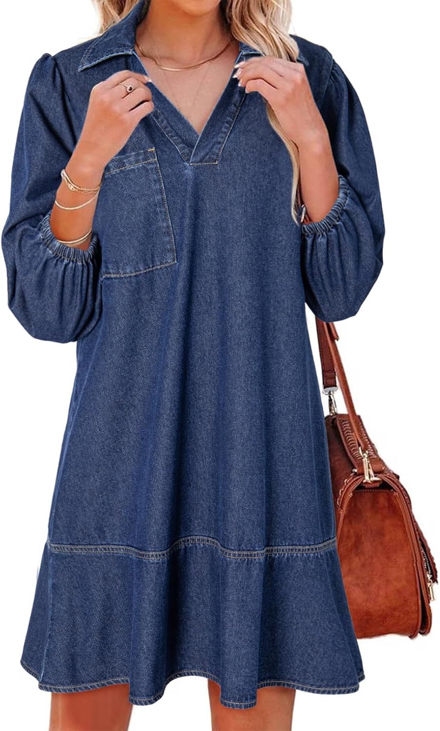 Denim Dress for Women Summer Casual Babydoll 2026 V Neck 3/4 Puff Sleeve Jean Dresses
