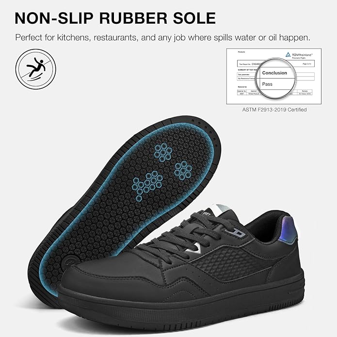 8.5 Men, 10 Women, SPIEZ Non Slip Work Shoes for Men Women, Slip & Oil Resistant Food Service Shoes, Lightweight Reflective Deign Kitchen Sneakers - Restaurants Floor to Streetwear Ready, Black US 4.5-13.5