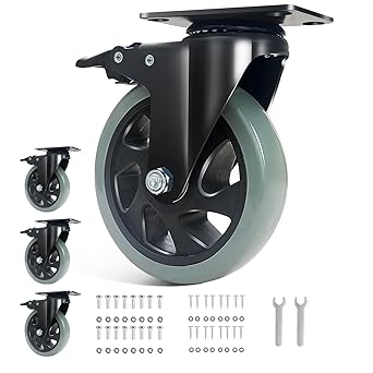 5 Inch Caster Wheels, Casters Set of 4 Heavy Duty, BZOLIHEU Locking Casters, Silent Top Plate Swivel Caster with Brake, Grey Polyurethane Castor Wheels for Furniture and Workbench Cart