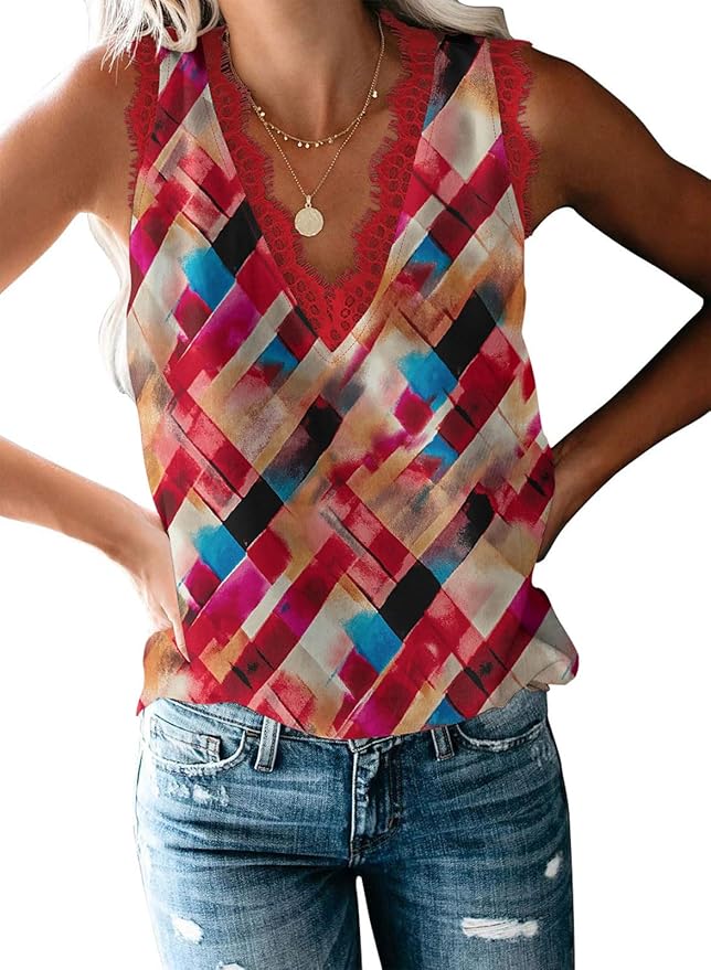 VIISHOW Women Ladies Sexy V Neck Lace Trim Tank Tops Dressy Camisole Casual Loose Sleeveless Chiffon Blouse Shirts