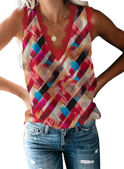 VIISHOW Women Ladies Sexy V Neck Lace Trim Tank Tops Dressy Camisole Casual Loose Sleeveless Chiffon Blouse Shirts
