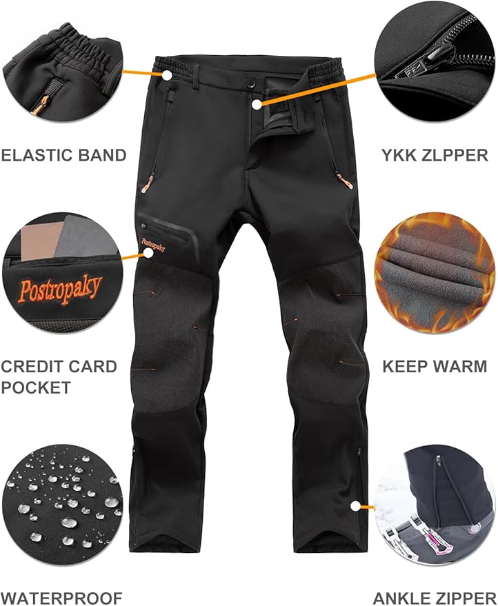 Postropaky Mens Hiking Snow Ski Pants Waterproof Outdoor Insulated Softshell Pants Snowboard Zipper Bottom Leg
