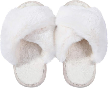 Girl's Soft Plush Lightweight House Slippers Non Slip Cross Band Slip on Open Toe Cozy Indoor Outdoor Slippers