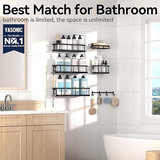 YASONIC Shower Caddy, 6 Pack Large Capacity Bathroom Organizers and Storage with Shower Soap Holder and 12 Hooks, Rustproof Shower Shelves for Bathroom Wall, No Drilling&Sleek Bathroom Accessories