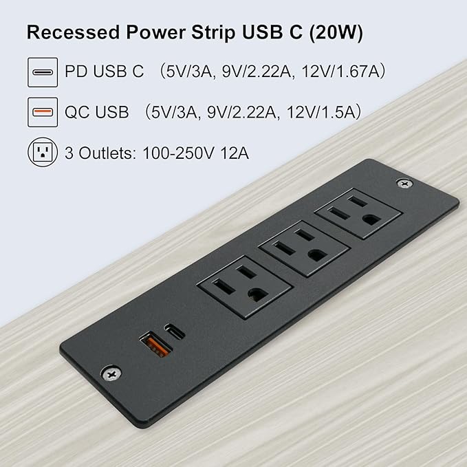 USB C Conference Recessed Power Strip 20W, 3 Outlets 2 USB Fast Charge(PD 20WQC 18W) Mountable Flat Plug 10ft Extension Power Cord for Nightstand Cabinet Sofa Table Couch