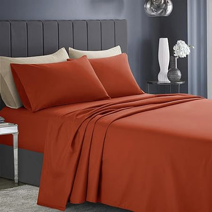 KKJIAF 4 Piece Bed Sheet Set, Microfiber Bed Sheet King Size, 1800 Thread Count Microfiber Soft  Breathable Bedding Sheet Sets, Deep Pocket Fitted Sheet, Flat Sheet and 2 Pillowcases - Burnt Orange