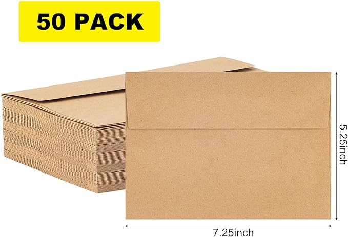 Kraft Envelopes, 50 Pack, 5 x 7 Inch, Brown Envelopes,A7 Envelopes, Card Envelopes, Kraft Paper Envelopes, Invitation Envelopes, Postcard Envelopes (Brown)