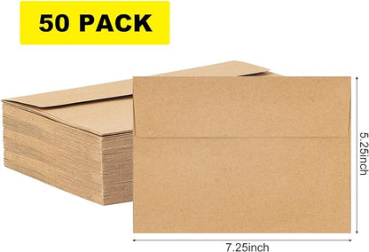 Kraft Envelopes, 50 Pack, 5 x 7 Inch, Brown Envelopes,A7 Envelopes, Card Envelopes, Kraft Paper Envelopes, Invitation Envelopes, Postcard Envelopes (Brown)