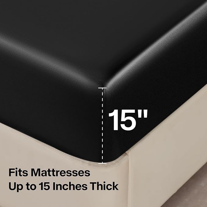 BEDELITE King Size Sheets Set, Luxury Soft Black Satin Sheets for Hair and Skin, Similar to Silk Bed Sheets Set 4 Pieces with 1 Deep Pocket Fitted Sheet, 1 Flat Sheet, and 2 Pillowcases