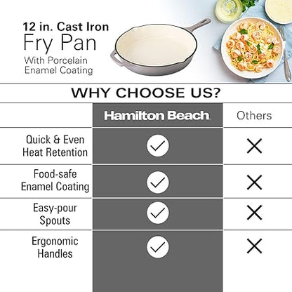 Hamilton Beach Enameled Cast Iron Fry Pan 12-Inch Gray, Cream Enamel coating, Skillet Pan For Stove top and Oven, Even Heat Distribution, Safe Up to 400 Degrees, Durable