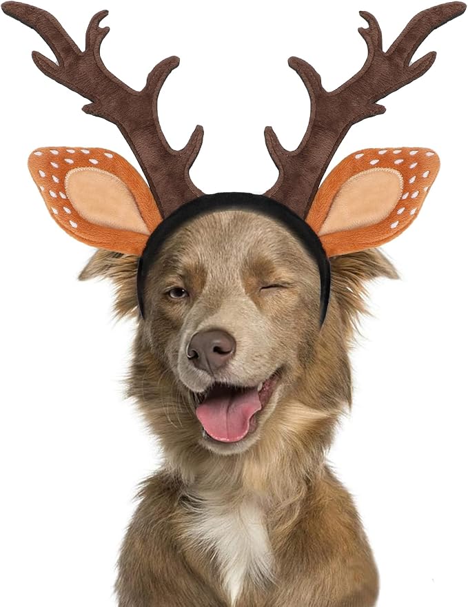 BWOGUE Dog Elk Reindeer Antlers Headband, Pet Christmas Costume Headwear Dog Antlers Costume, Dog Christmas Headband, Large Brown, Fits 13.4-21.3in Head Circumference, Wire-Supported Antlers