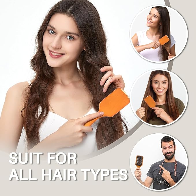 RHOS Wooden Paddle Brush With Nylon Bristles - Cushion Square Design for Detangling and Massaging All Hair Types (Men & Women)