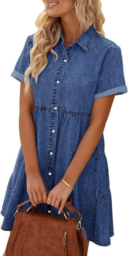 LookbookStore Women's Short Sleeve Button Down Flowy Tiered Babydoll Denim Dress .