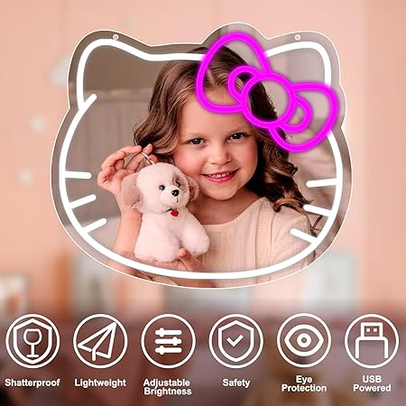 Hello Kit Vanity Mirror with Neon Light 16 x 14inch Large Size, Hello Kit led Mirror Adjustable Brightness USB Powered, Pink Bow, Girl Room Decor Mirror, Wall Mirror, Women Makeup Mirror for Bedroom