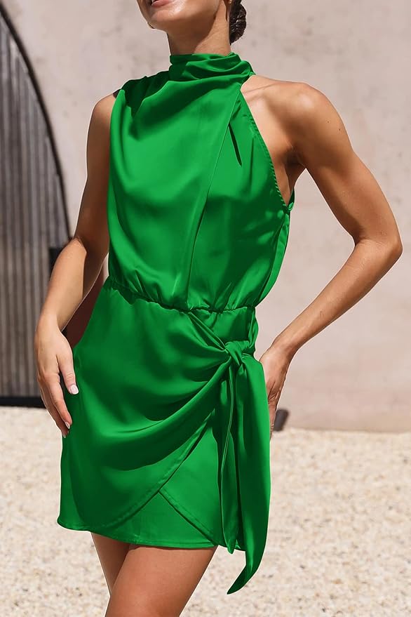 PRETTYGARDEN Women's Short Formal Satin Dress Summer Sleeveless Mock Neck Tie Waist Cocktail Party Dresses