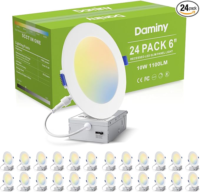 DAMINY 24 Pack 6 Inch LED Recessed Lighting, Canless Wafer Downlight 5CCT, Ultra-Thin Recessed Light with Junction Box, Dimmable, 10W 1100LM 120V, IC&Damp Rated