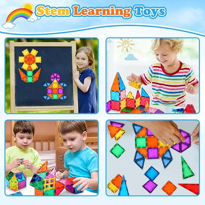 Ziggzo Magnetic Tiles for Kids Ages 4-8 | 100 Magnet Tiles with Storage Bag and 2 Cars | STEM Building Blocks for Creative Learning