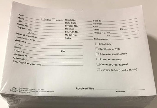 Vehicle Deal Jacket - Car Sales Envelope - White (P6) (100)