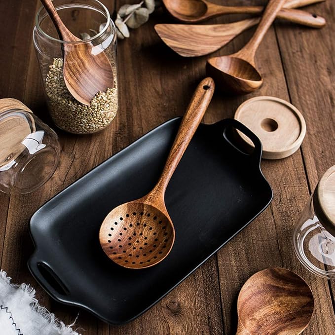 DDJSJ Teak Kitchen Utensils,Colander Ladle Skimmer Scoop Kitchenware Scoop Dipping Big Wooden Rice Long Handle Natural Utensils Handcrafted Cutlery Tool (scoop dipping(11x3.15in))...