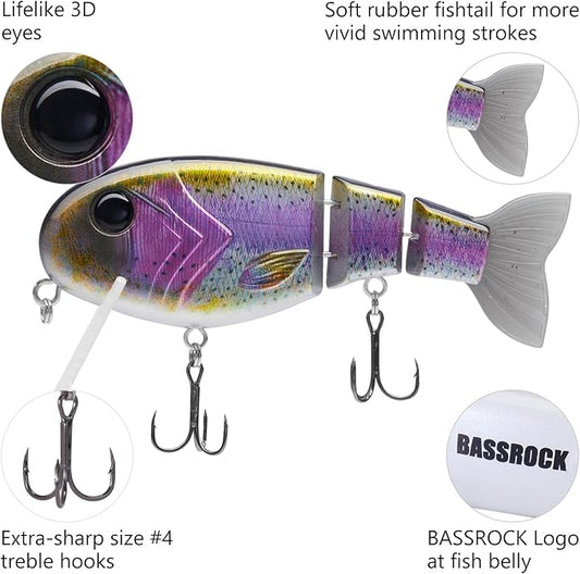 BASSROCK Topwater Fishing Lures for Bass Pike Salmon Floating Swimbait Jointed Crankbait Freshwater Saltwater 4.9in/1.76oz RK1001