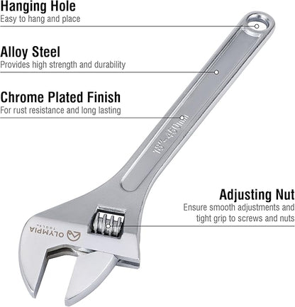 Olympia Tools 18" Adjustable Wrench, Heavy Duty Drop Forged Steel, Chrome Plated, Precision Machined Jaws, Rust Resistant