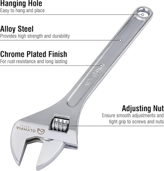 Olympia Tools 18" Adjustable Wrench, Heavy Duty Drop Forged Steel, Chrome Plated, Precision Machined Jaws, Rust Resistant