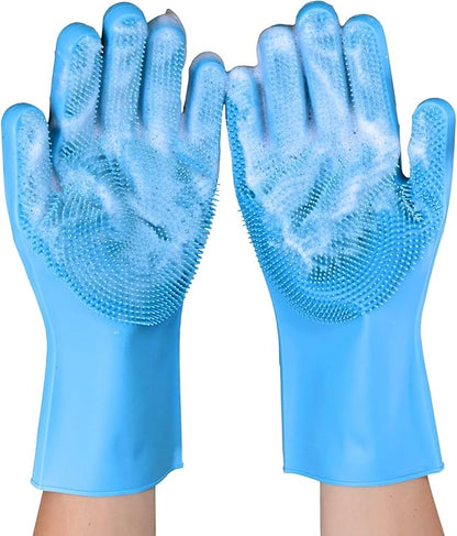 Silicone Dishwashing Gloves, Kitchen Gloves for Washing Dishes Reusable Waterproof Dishwashing with Cleaning Brush
