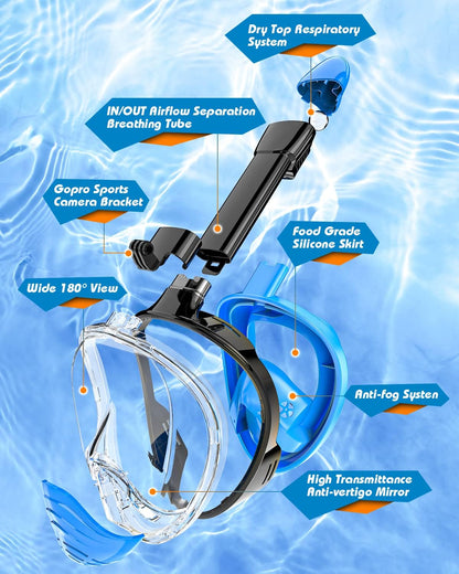 QingSong Full Face Snorkel Mask for Adults, Snorkeling Gear with Camera Mount, 180 Degree Panoramic View Snorkel Set Anti-Fog Anti-Leak