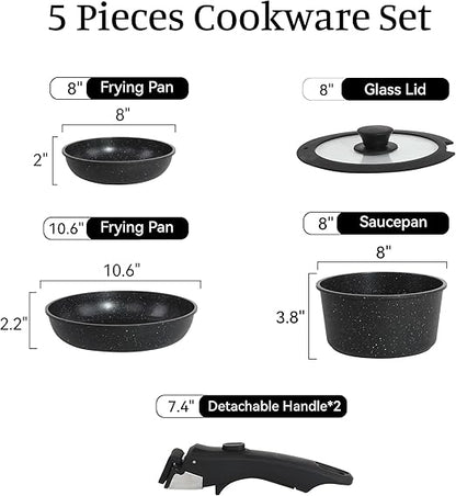 5PCS Pots and Pans Set Non Stick, Kitchen Cookware Sets with Detachable Handle, Ceramic Cookware Sets, Non Stick RV Cookware Cooking Set, Dishwasher ï¼† Oven Safe, PFOA Free, Black