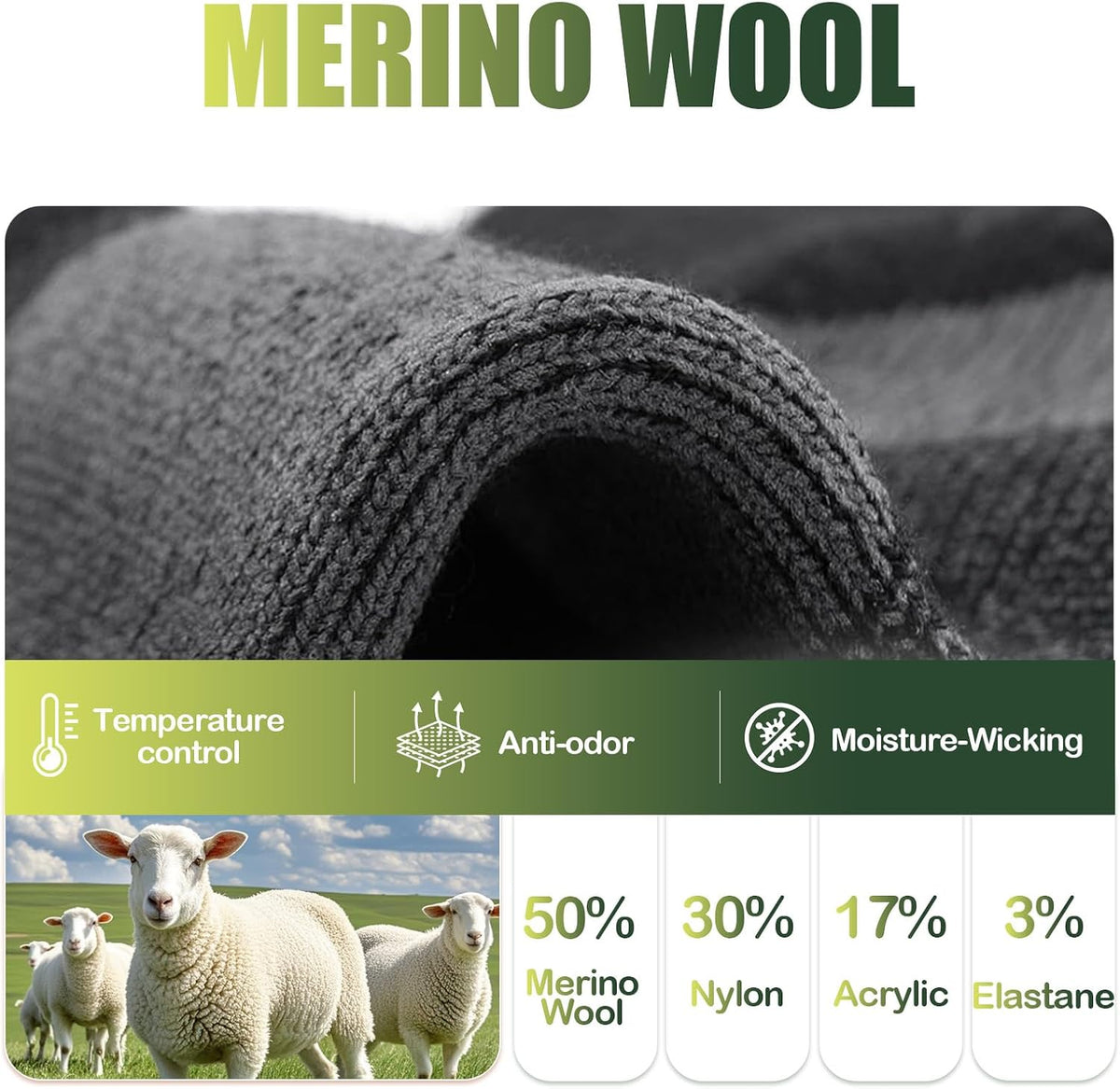 Merino Wool Thermal Socks for Men Women, Cushioned Performance Sport Socks for Hiking,Cycling,Work,Ski 3 Pairs