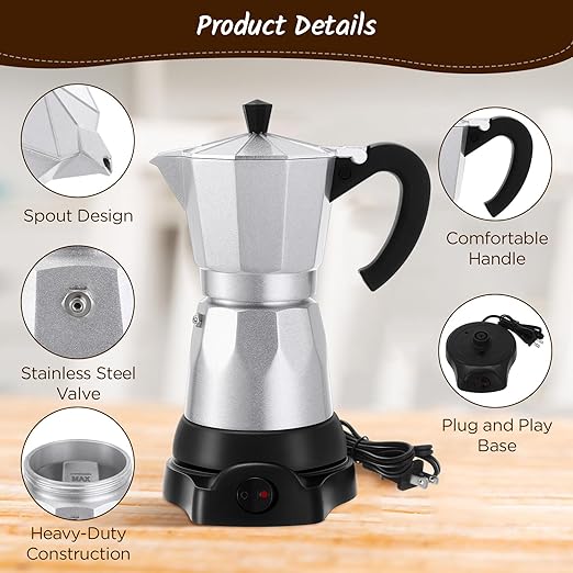 Coffee Pot 6 Cup Electric Espresso Coffee Maker Italian Moka Maker 300ml Portable Aluminum Espresso Maker Espresso Moka Pot with Detachable Base, Coffee Gift for Home Travel (Aluminum Color)
