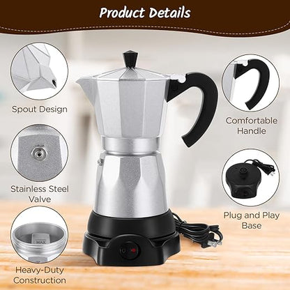Coffee Pot 6 Cup Electric Espresso Coffee Maker Italian Moka Maker 300ml Portable Aluminum Espresso Maker Espresso Moka Pot with Detachable Base, Coffee Gift for Home Travel (Aluminum Color)