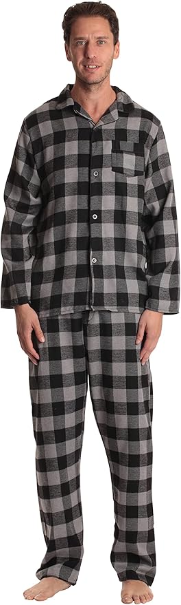 followme Mens Plaid Button Front Flannel Pajamas Set - Long Sleeve Long Pant