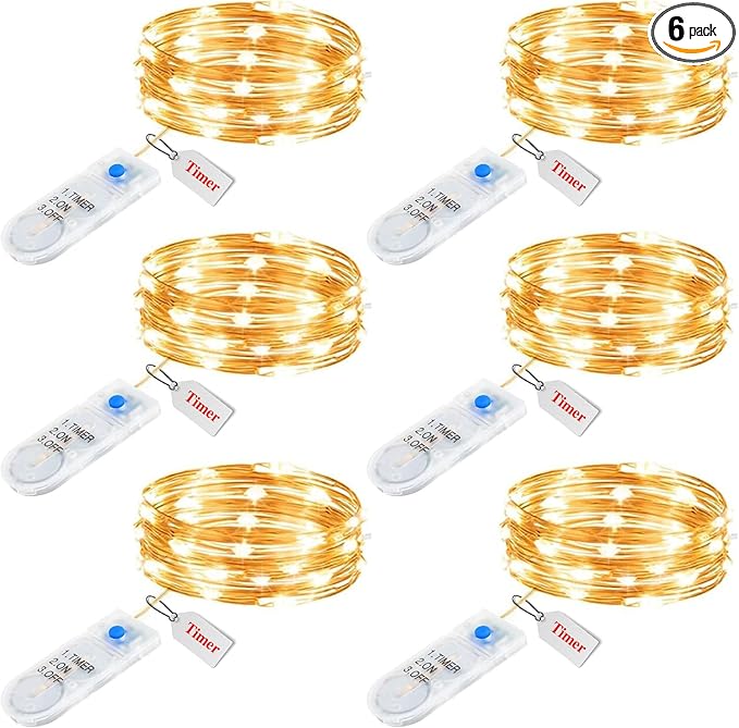 Minetom 6 Pack Fairy Lights Battery Operated String Lights with Timer - 7ft 20 LED Waterproof Silver Wire Firefly Lights Waterproof for DIY Crafts Wedding Decor Table Centerpieces Mason Jars Party