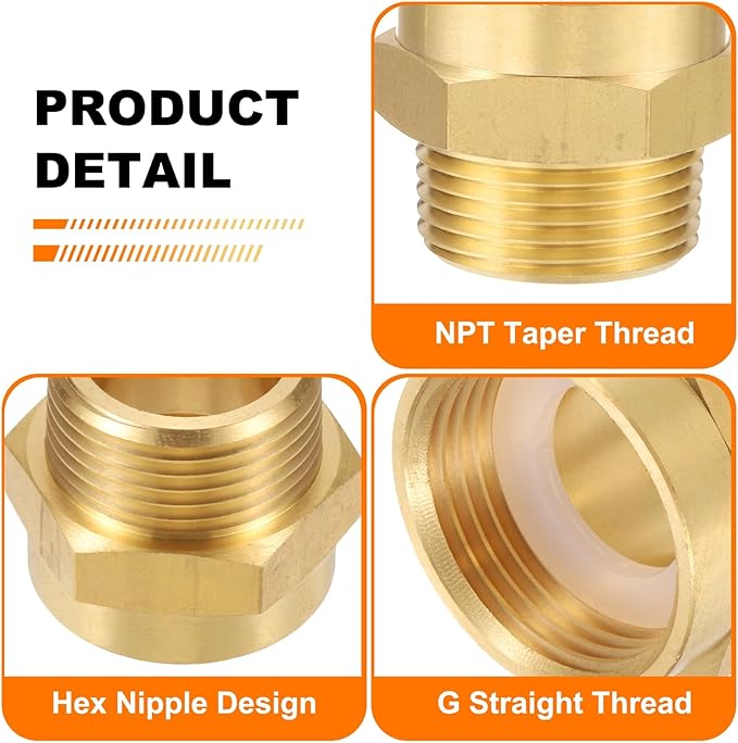 uxcell Brass Pipe Fitting, 1" G Female?o1" NPT Male Brass Hex Nipple Pipe Fitting Connector, 1" to 1" Female Pipe Fitting Adapter with PTFE and Gaskets, Gold Tone