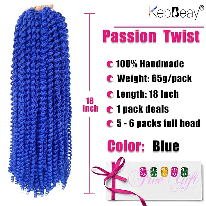 18Inch Passion Twist Hair 1Pack Passion Twist Crochet Hair Water Wave Crochet Hair (18 Inch (Pack of 1), Blue) ...