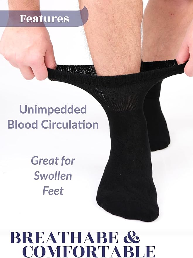 Hugh Ugoli Diabetic Socks for Men, Loose Ankle Socks, Bamboo, Extra-Wide, Thin, Seamless Toe, Non-Binding Top, 4 or 8 Pairs