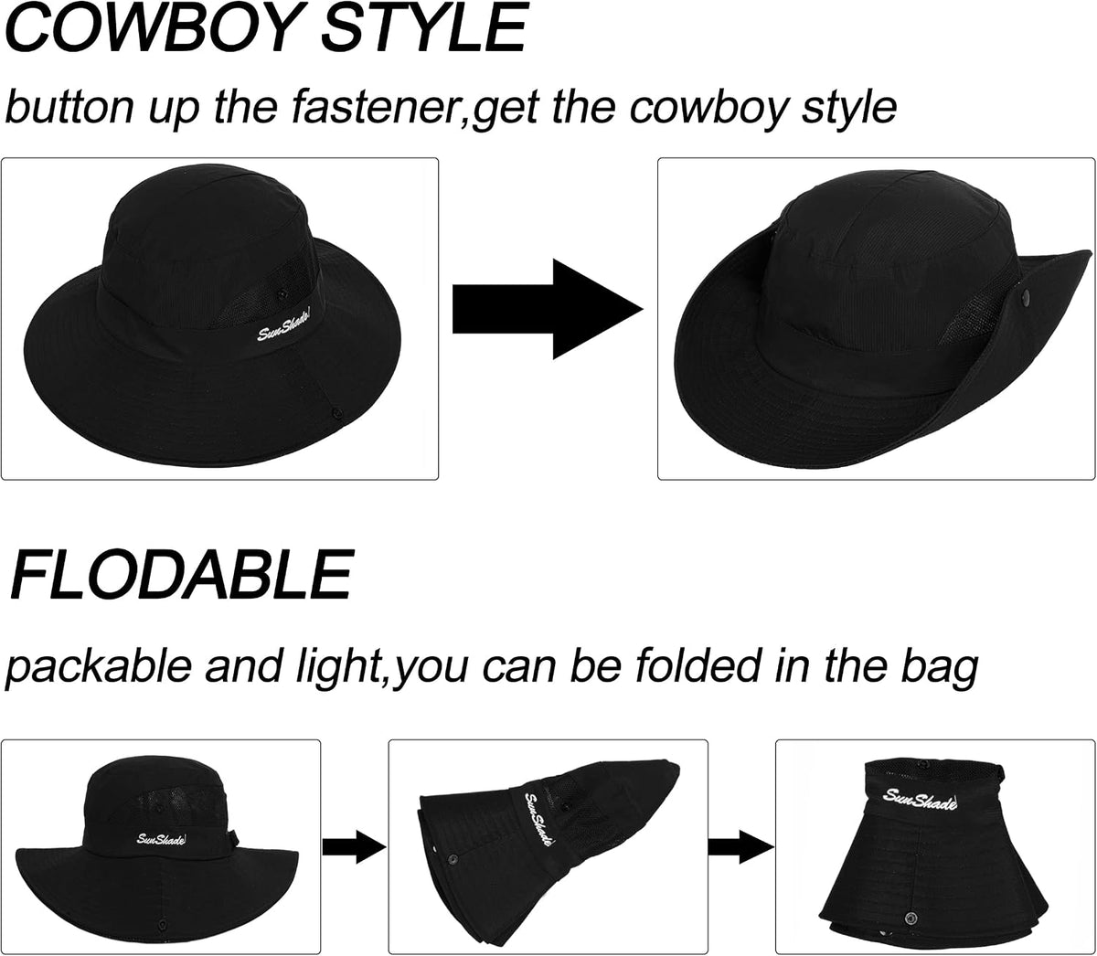 Women's Outdoor UV-Protection-Foldable Sun-Hats Mesh Wide-Brim Beach Fishing Hat with Ponytail-Hole. ( Black )
