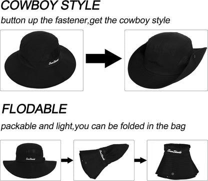 Women's Outdoor UV-Protection-Foldable Sun-Hats Mesh Wide-Brim Beach Fishing Hat with Ponytail-Hole. ( Black )